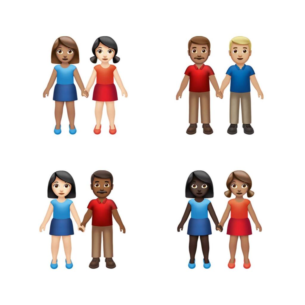 This image provided by Apple shows new emoji's released by Apple. Both Apple and Google are rolling out dozens of new emojis that, as usual, included cute crittters, but also ones that expand the boundaries of inclusion. The announcement coincides with Wednesday, July 17, 2019 World Emoji Day. (Apple via AP)
