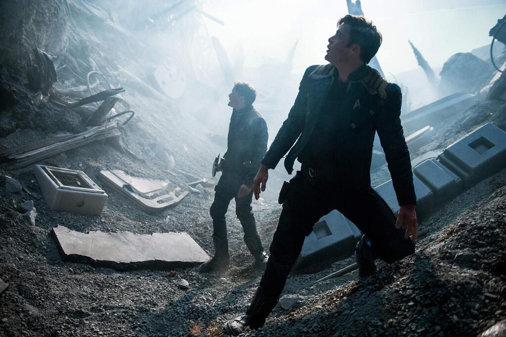 In this image released by Paramount Pictures, Anton Yelchin, left, and Chris Pine appear in a scene from, 'Star Trek Beyond.' (Kimberley French/Paramount Pictures via AP)