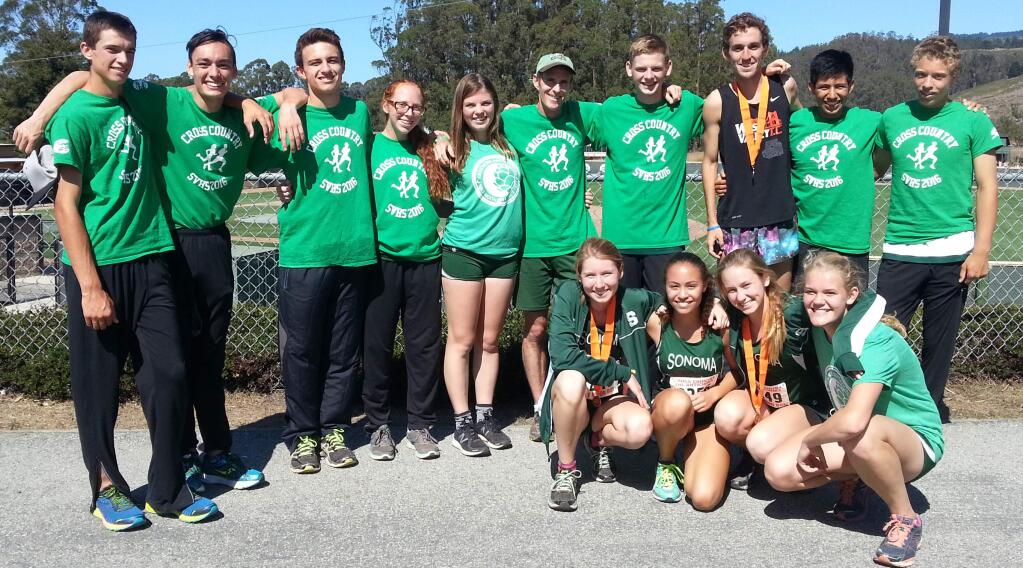Submitted photoSonoma Valley High Dragon cross country runners competing in the Artichoke Invitational Saturday include, standing from left, Jeremy Mackling, Brandon Barmore, Alex Epstein, Aliya Blinman, Eliza Neeley, Head Coach John Litzenberg, Justin Cox, Assistant Coach Nick Spector, Leonardo Macedonio and Kahlil Villias. Kneeling, from left, Maddie Cashel, Trinity McGuinness, Malia Cashel and Grace Cutting.