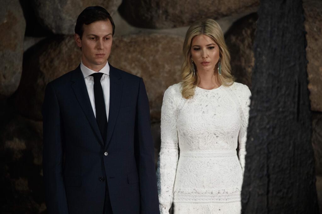 In this May 23, 2017, photo, White House senior adviser Jared Kushner, left, and his wife Ivanka Trump watch during a visit by President Donald Trump to Yad Vashem to honor the victims of the Holocaust in Jerusalem. The Washington Post is reporting that the FBI is investigating meetings that Trump‚Äôs son-in-law, Kushner, had in December 2016, with Russian officials. Kushner, a key White House adviser, had meetings late last year with Russia‚Äôs ambassador to the U.S., Sergey Kislyak, and Russian banker Sergey Gorkov. (AP Photo/Evan Vucci)