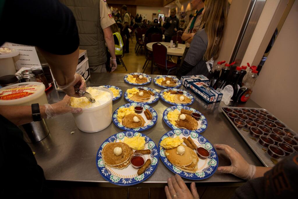 A pancake breakfast ready to be served at the Presbyterian Church of the Roses in Santa Rosa. (Darryl Bush/For The Press Democrat file)