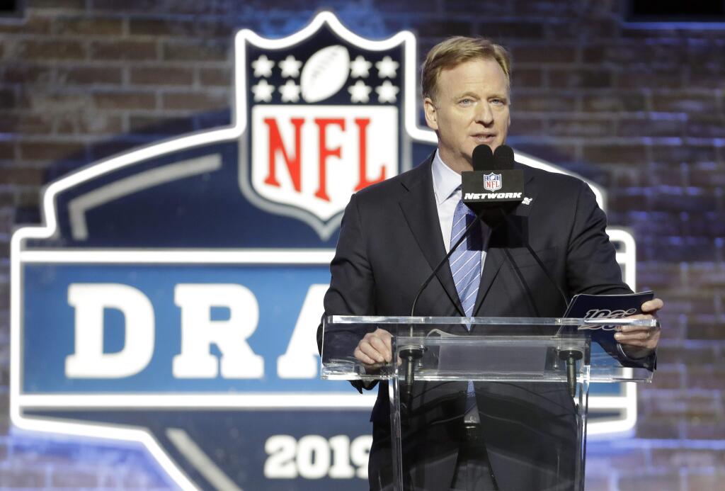 FILE - In this April 25, 2019, file photo, NFL Commissioner Roger Goodell speaks ahead of the first round at the NFL football draft in Nashville, Tenn. (AP Photo/Steve Helber, FIle)