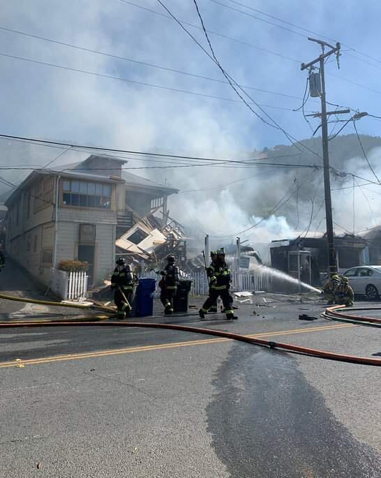 Marin County Fire crews and other first responders at the scene of a structure fire in Stinson Beach on Tuesday, June 16, 2020. (Marin County Sheriff/Twitter)