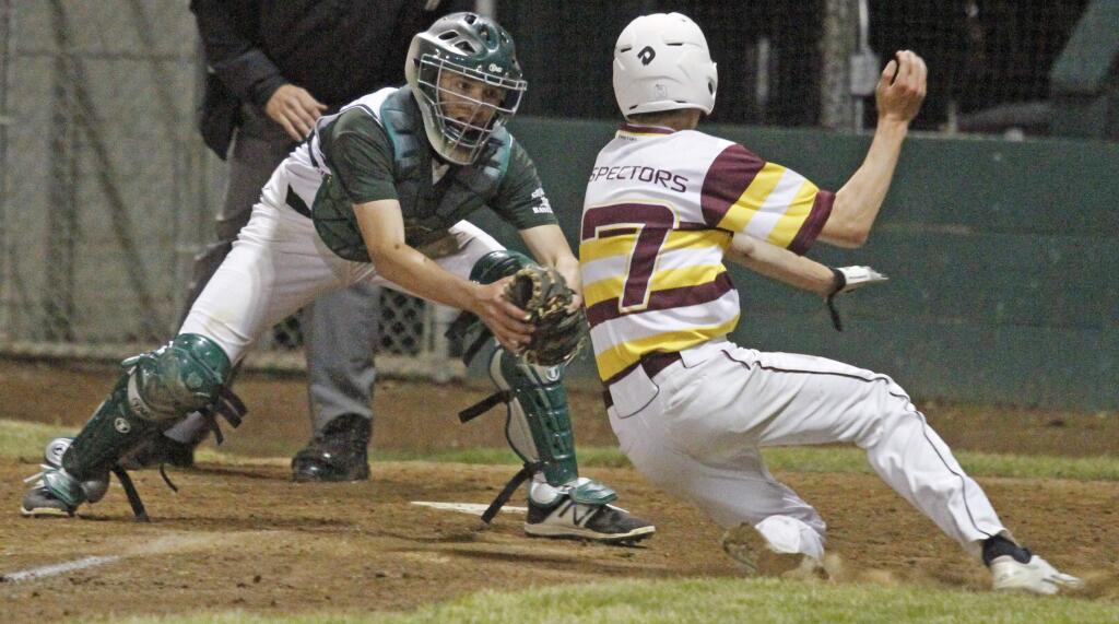 Bill Hoban/Index-TribuneSonoma catcher Colton Mertens puts the tag on a Piner runner during Thursday's game. The Dragons won on a walk-off single by Mertens in the bottom of the ninth.