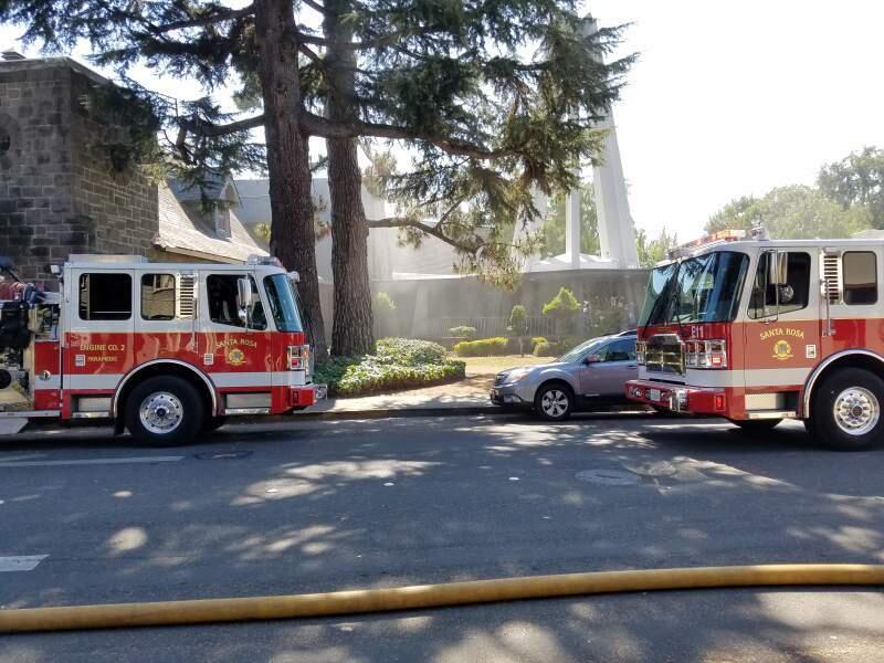 Firefighters respond to fires at St. Rose Catholic Church in Santa Rosa on Thursday, Aug. 11, 2016. (GEORGE BUCE/ PD)