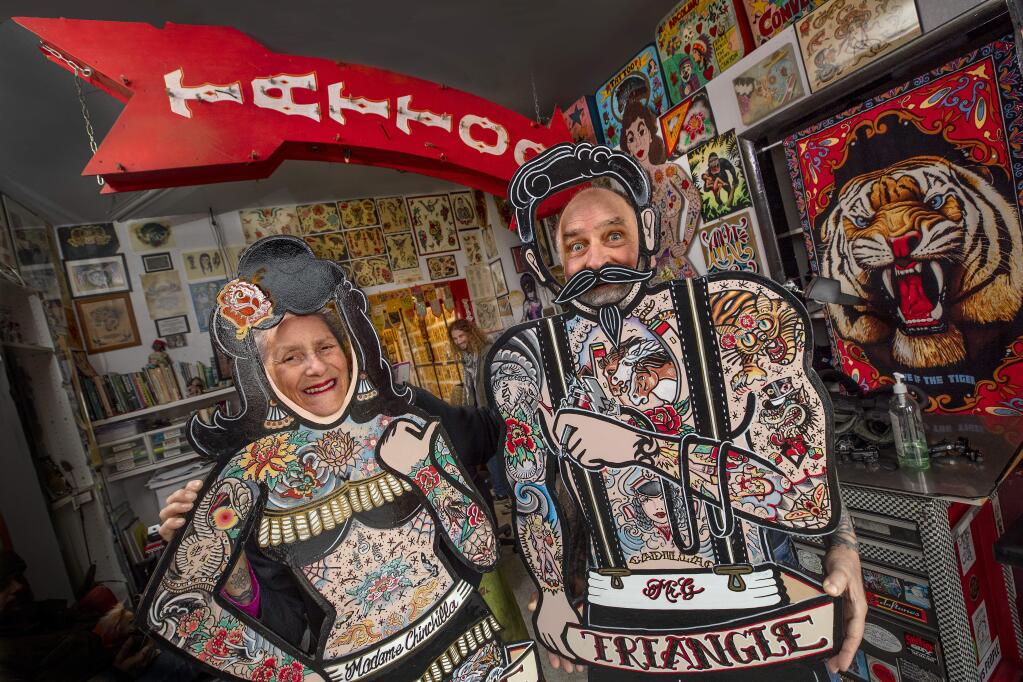 Madame Chincilla and partner Mr. G opened the Triangle Tattoo & Museum on Main St. in Ft. Bragg in 1986. (photo by John Burgess/The Press Democrat)
