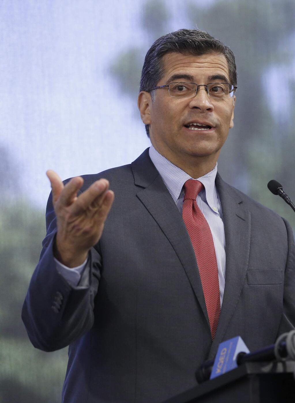 California Attorney General Xavier Becerra criticized U.S. Attorney General Jeff Sessions recent announcement calling for a renewed crack down on criminals as 'crazy' and 'stupid' while speaking at the Sacramento Press Club, Monday, May 15, 2017,in Sacramento, Calif. Sessions said that federal prosecutors should file the toughest charges possible against most crime suspects, which critics say is a throwback to what they call a failed war on drugs. (AP Photo/Rich Pedroncelli)