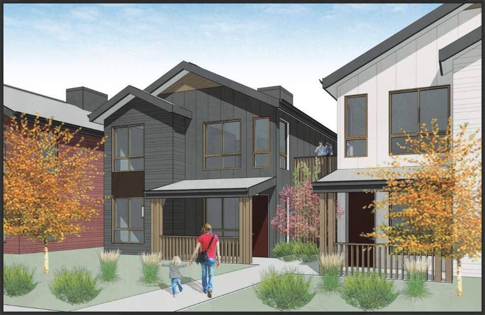 Updated renderings of the entrance to the townhouses for the affordable housing development at 20269 Broadway. (SAHA)