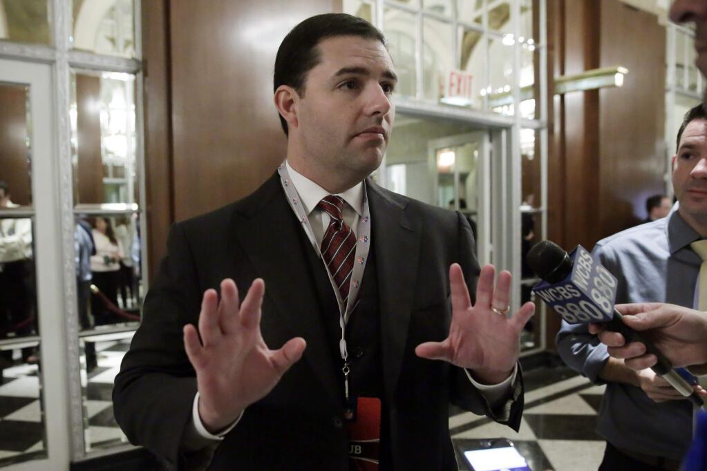 San Francisco 49ers CEO Jed York talks to reporters during a break of the National Football League owners meeting, in New York, Wednesday, Oct. 7, 2015. NFL owners approved more international games through 2025 on Wednesday, including ones in places other than England. (AP Photo/Richard Drew)