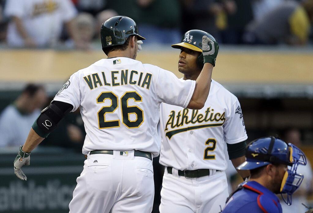 Oakland Athletics' Danny Valencia (26) celebrates with Khris Davis after hitting a home run off Texas Rangers' Cole Hamels during the second inning of a baseball game Tuesday, May 17, 2016, in Oakland, Calif. (AP Photo/Ben Margot)