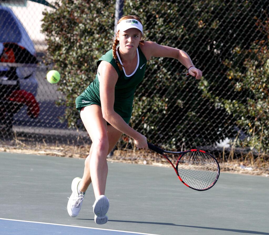 Bill Hoban/Index-TribuneSonoma Valley High's Emma Stanfield returns a volley in Tuesday afternoon's match with El Molino. The Dragons swept all seven matches winning 7-0.