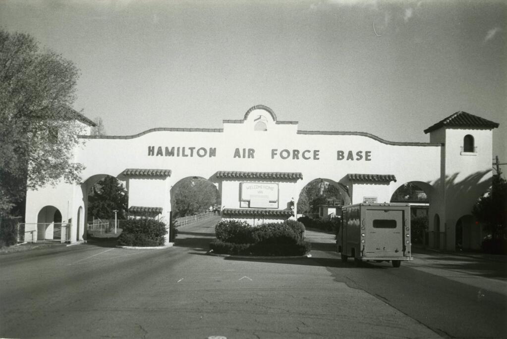 A truck approaches the main gate of the Hamilton Air Force base in Novato. Construction on the base began in the early ‘30s, and by 1938 it housed 200 planes, including B-12 bombers. It later became the West Coast home of the F-104s and F-106s, capable of speeds over 1,500 mph that routinely broke the sound barrier and rattled the North Coast. In 1974, Hamilton's airfield was formally decommissioned. (THE PRESS DEMOCRAT)