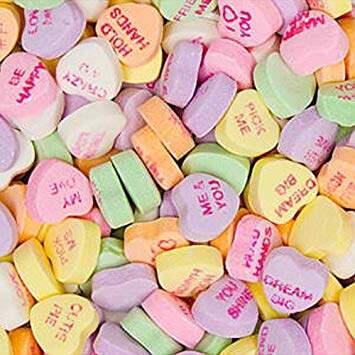 The chalky flavors of Sweethearts are raspberry, lemon and green apple, in case you couldn't tell.
