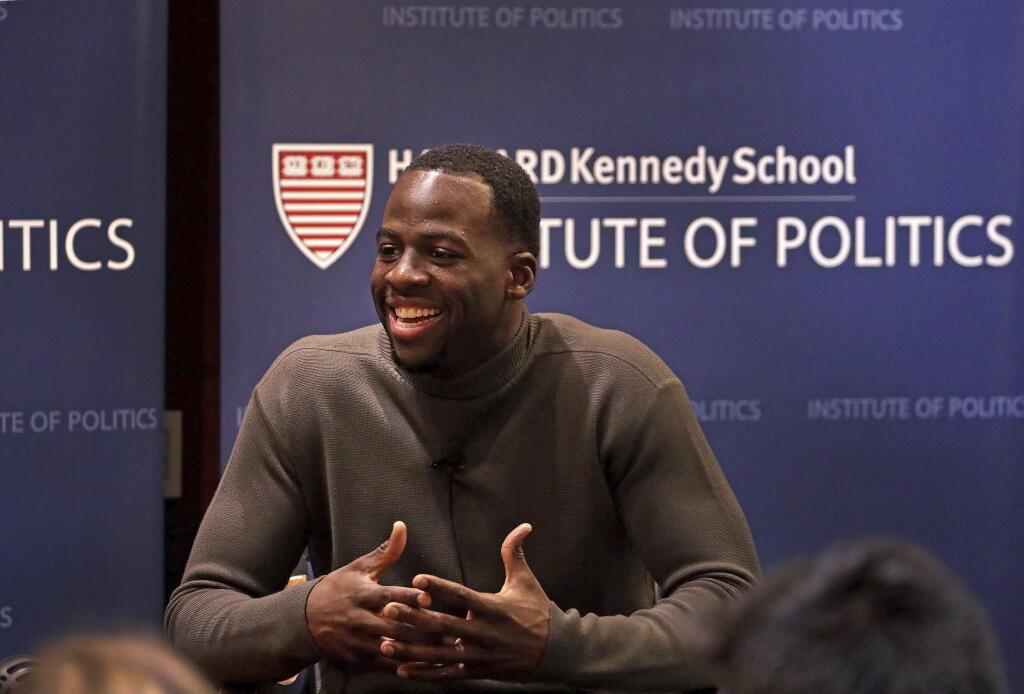 Draymond Green, of the NBA champion Golden State Warriors, speaks during a discussion about athletes as leaders at The Institute of Politics, Harvard Kennedy School, Thursday, Nov. 16, 2017, in Cambridge, Mass. (Barry Chin/The Boston Globe via AP)