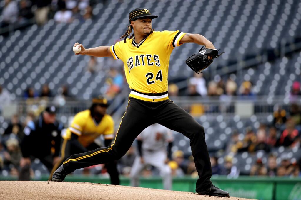 Pittsburgh Pirates starting pitcher Chris Archer delivers in the first inning of a baseball game against the San Francisco Giants in Pittsburgh, Sunday, April 21, 2019. (AP Photo/Gene J. Puskar)