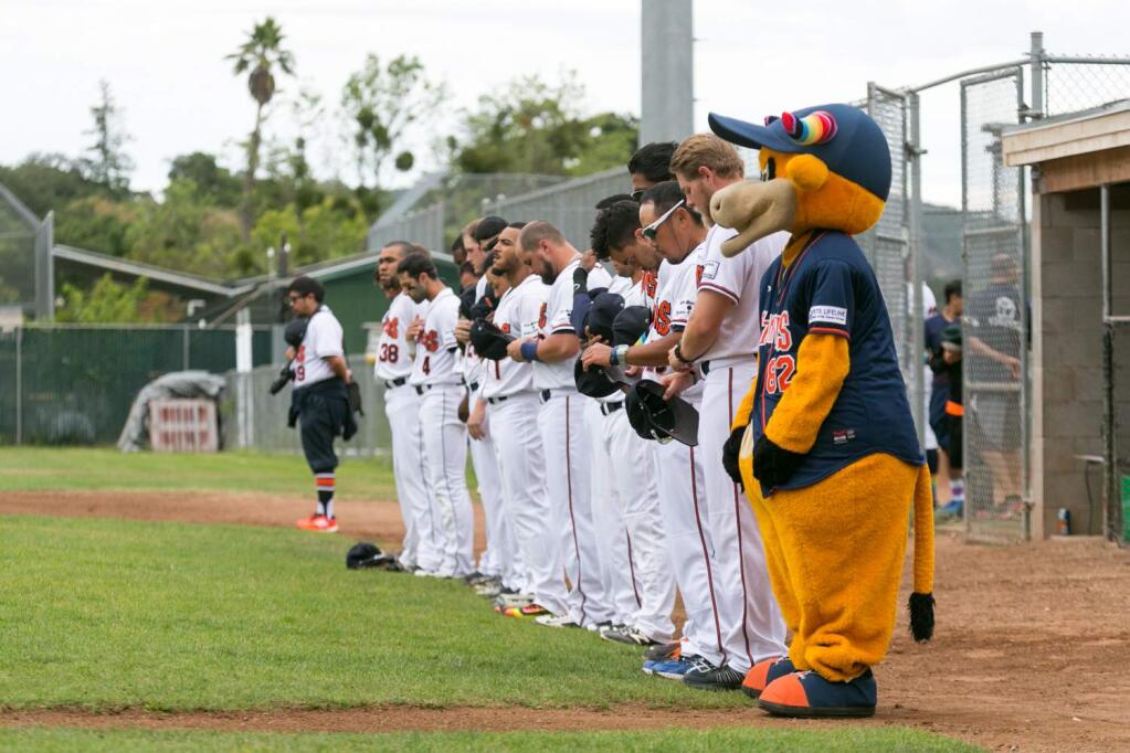 The Sonoma Stompers held a moment of silence for the victims of the recent Orlando massacre on the Out at the Ballpark celebration at Arnold Field Friday, June 17, 2016. (Photo by Julie Vader/Special to the Index-Tribune)