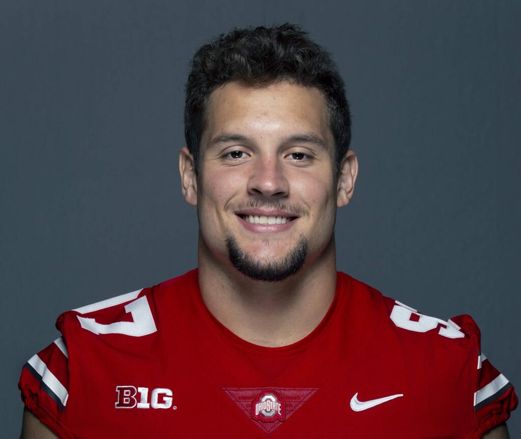 This July 18, 2018, photo provided by Ohio State Athletics shows Nick Bosa. Bosa is a possible pick in the 2019 NFL Draft. (Kirk Irwin/Ohio State University via AP)