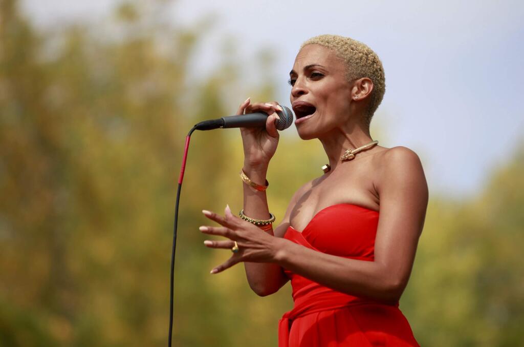 Goapele performs at the Russian River Jazz and Blues Festival at Johnson's Beach on Saturday, September 20, 2014 in Guerneville, California. (BETH SCHLANKER/ The Press Democrat)