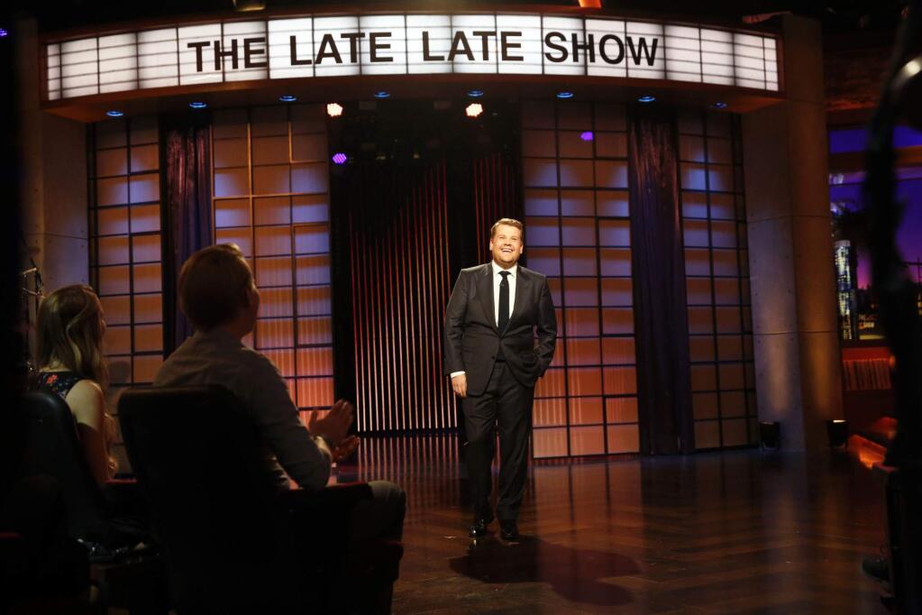 This photo released by CBS shows James Corden stepping on stage for the first episode of 'The Late Late Show with James Corden,' premiering Monday, March 23, 2015 (12:37 -- 1:37 a.m. ET/PT) on the CBS Television Network. (AP Photo/CBS, Monty Brinton)