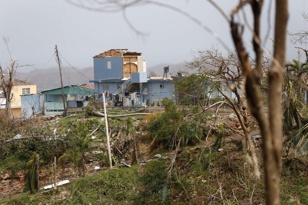 A man sweeps his heavily damaged home in Montebello, Puerto Rico, in the aftermath of Hurricane Maria, Tuesday, Sept. 26, 2017. Five days after the Category 4 storm slammed into Puerto Rico, many of the more than 3.4 million U.S. citizens in the territory were still without adequate food, water and fuel. Flights off the island were infrequent, communications were spotty and roads were clogged with debris. Officials said electrical power may not be fully restored for more than a month. (AP Photo/Gerald Herbert)