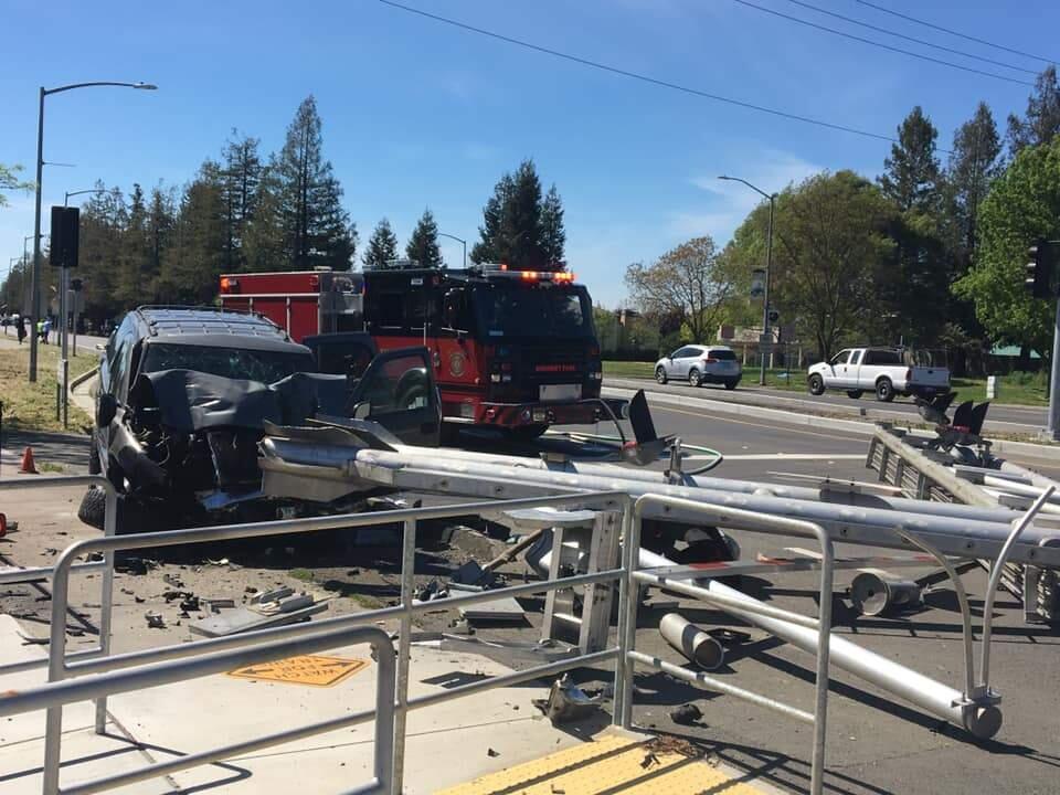 Rohnert Park Police and Fire responded to an accident involving a car smashing into a railroad device near the train tracks on Tuesday afternoon. Major traffic and train delays were reproted. (Rohnert Park Police and Fire)