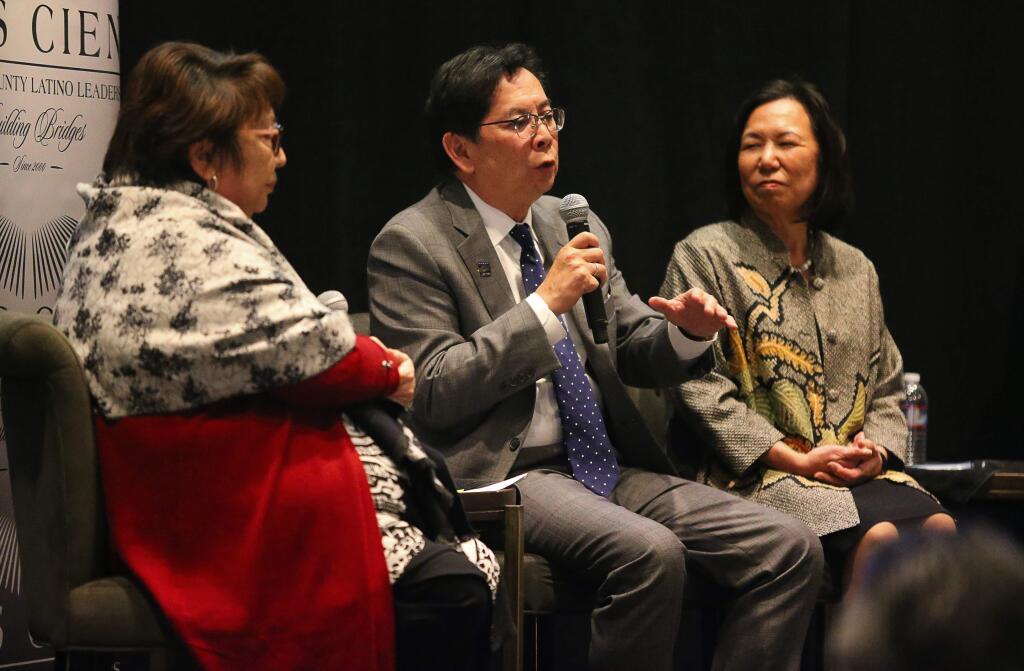 Diann Kitamura, superintendent of Santa Rosa Public Schools, left, Dr. Frank Chong, president of Santa Rosa Junior College, and Dr. Judy Sakaki, president of Sonoma State University, participate in a Los Cien discussion on The State of Latino Education in Sonoma County, in Santa Rosa on Friday, January 26, 2018. (Christopher Chung/ The Press Democrat)
