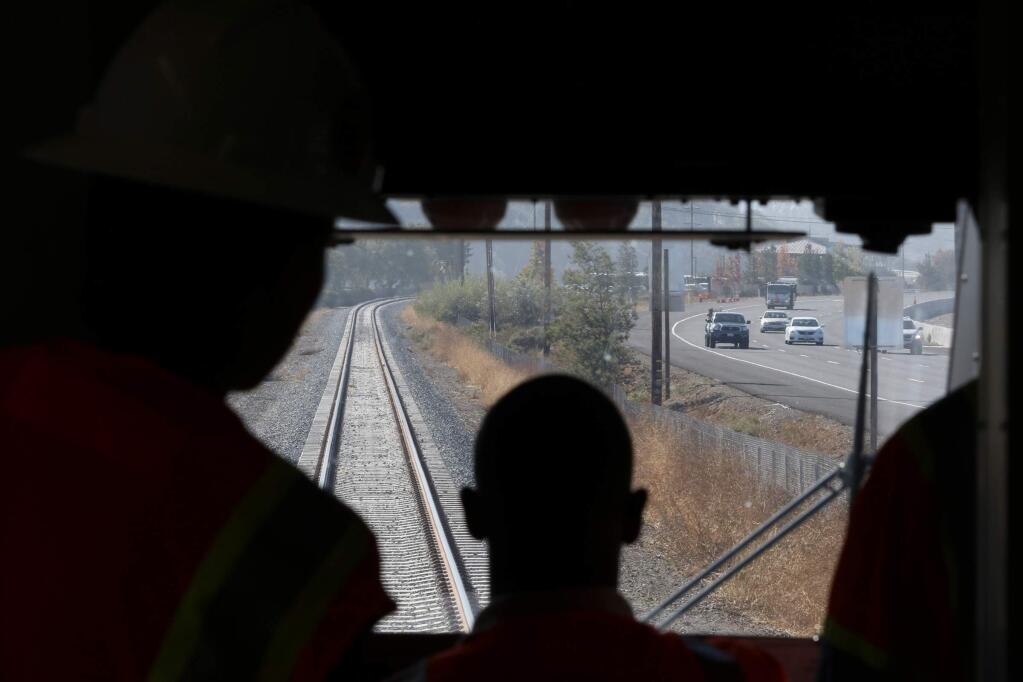 SMART train testing on a section of track along Highway 101 between Novato and the landfill access road in Marin County on Thursday, Oct. 22, 2015. (SCOTT MANCHESTER/ARGUS-COURIER STAFF)