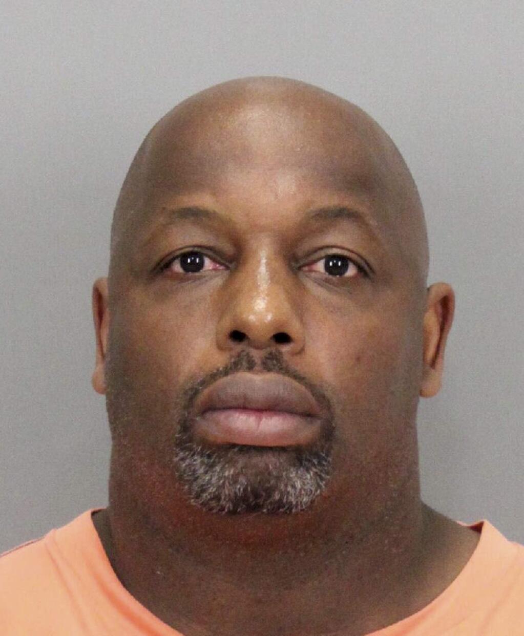 In this undated booking photo released by the Santa Clara County District Attorney is former NFL football player Dana Stubblefield. Prosecutors say they have charged former San Francisco 49er Dana Stubblefield with the rape of a 'developmentally delayed' woman. The Santa Clara County District Attorney's Office says the 45-year-old Stubblefield was charged Monday, May 2, 2016, with sexually assaulting the woman last year at his Morgan Hill home. (Santa Clara County District Attorney via AP)