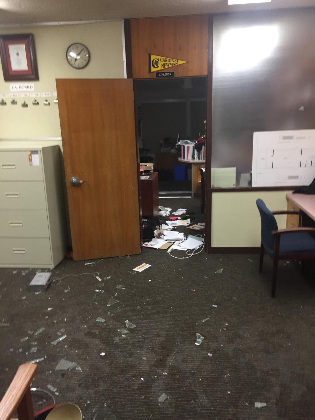 A suspected vandal demolished windows, toppled statues and trashed the administration office at Cardinal Newman High School in Santa Rosa, causing more than $100,000 in damage, Monday, Dec. 19, 2016. (SUBMITTED PHOTO)