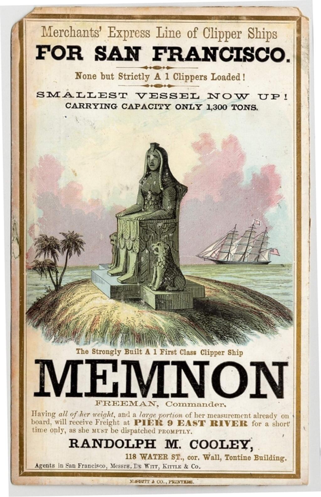 A sailing card depicts the clipper ship Memnon, c. 1850. (G.F. Nesbitt & Co., printer. Courtesy of Wikimedia)