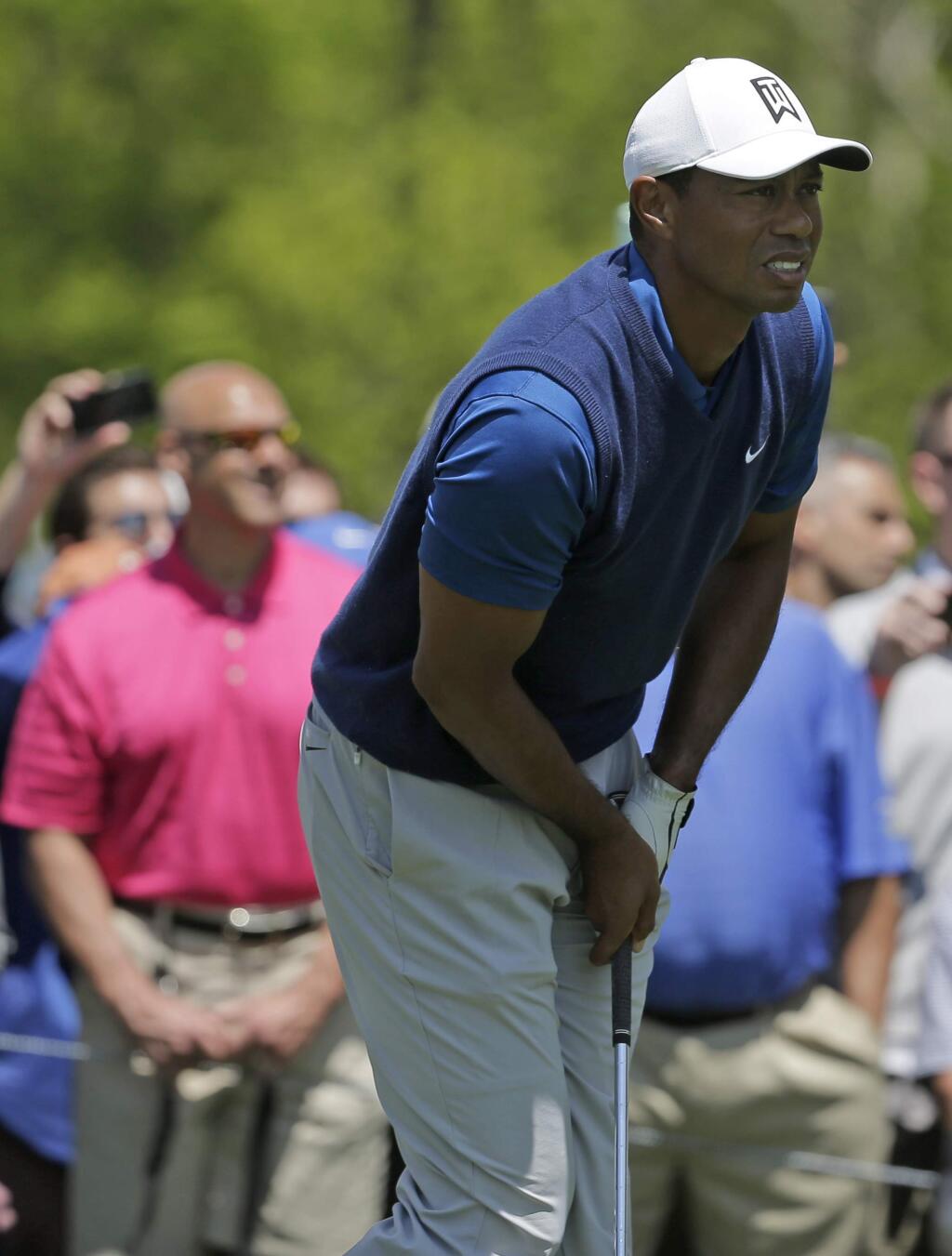 Tiger Woods watches his tee shot off the sixth hole during the first round of the PGA Championship, Thursday, May 16, 2019, at Bethpage Black in Farmingdale, N.Y. (AP Photo/Seth Wenig)