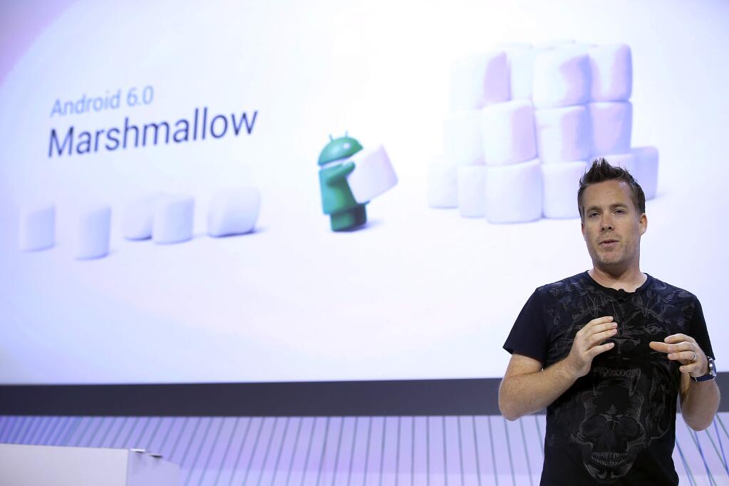 Dave Burke, vice president of engineering at Google, speaks about the new Google Android 6.0 Marshmallow software during a Google event on Tuesday, Sept. 29, 2015, in San Francisco. (AP Photo/Tony Avelar)