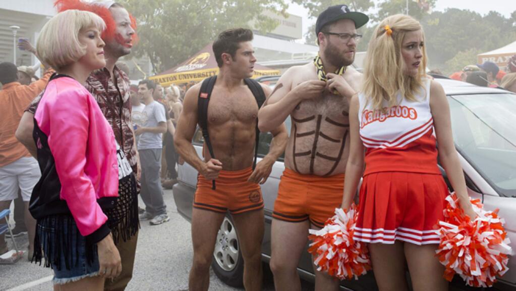 Universal PicturesZac Efron and Seth Rogen, center, star in 'Neighbors 2: Sorority Rising,.' a comedy about a couple who enlists a former enemy when an unruly sorority moves into the house next door.