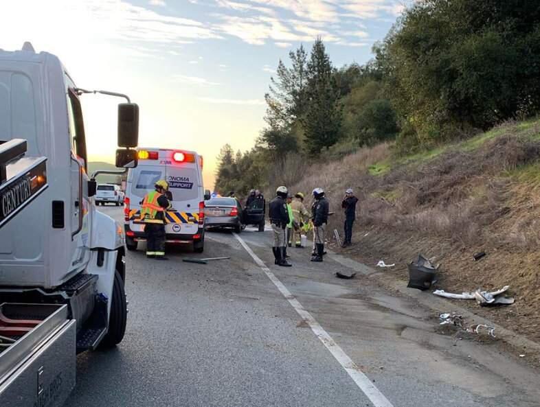 California Highway Patrol officers and Rancho Adobe firefighters at the scene where a pedestrian was hit by a vehicle on Highway 101 near Cotati on Tuesday, Feb. 18, 2020. (RANCHO ADOBE FIREFIGHTERS/ FACEBOOK)