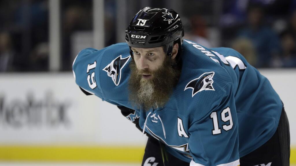 In this Jan. 23, 2018, file photo, the San Jose Sharks' Joe Thornton looks on during the second period against the Winnipeg Jets in San Jose. The Sharks opened training camp Friday, Sept. 14, 2018, with a healthy Thornton on the ice having recovered from a second major knee surgery in the past two years. (AP Photo/Marcio Jose Sanchez, File)