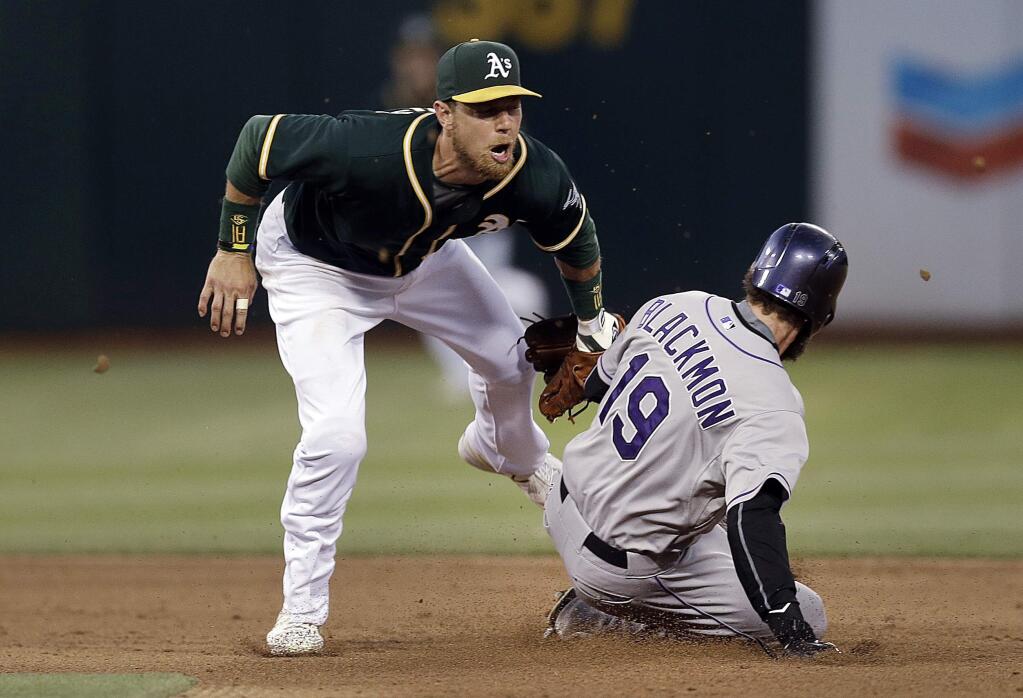 Colorado Rockies' Charlie Blackmon (19) is tagged out by Oakland Athletics' Ben Zobrist on an attempted steal of second base during the fifth inning of a baseball game Tuesday, June 30, 2015, in Oakland, Calif. (AP Photo/Ben Margot)