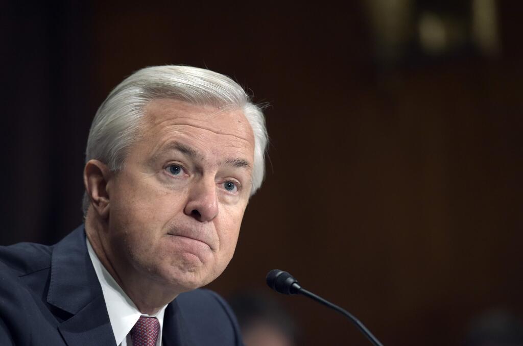 FILE - In this Tuesday, Sept. 20, 2016, file photo, Wells Fargo CEO John Stumpf testifies on Capitol Hill in Washington, before the Senate Banking Committee. In the results of an investigation released Monday, April 10, 2017, Wells Fargo's board of directors has blamed the bank's most senior management for creating an 'aggressive sales culture' at Wells that eventually led to the bank's scandal over millions of unauthorized accounts. The results of the investigation, conducted by the law firm Shearman & Sterling, also called for millions of dollars in compensation to be clawed back from former CEO Stumpf and community bank executive Carrie Tolstedt. (AP Photo/Susan Walsh, File)