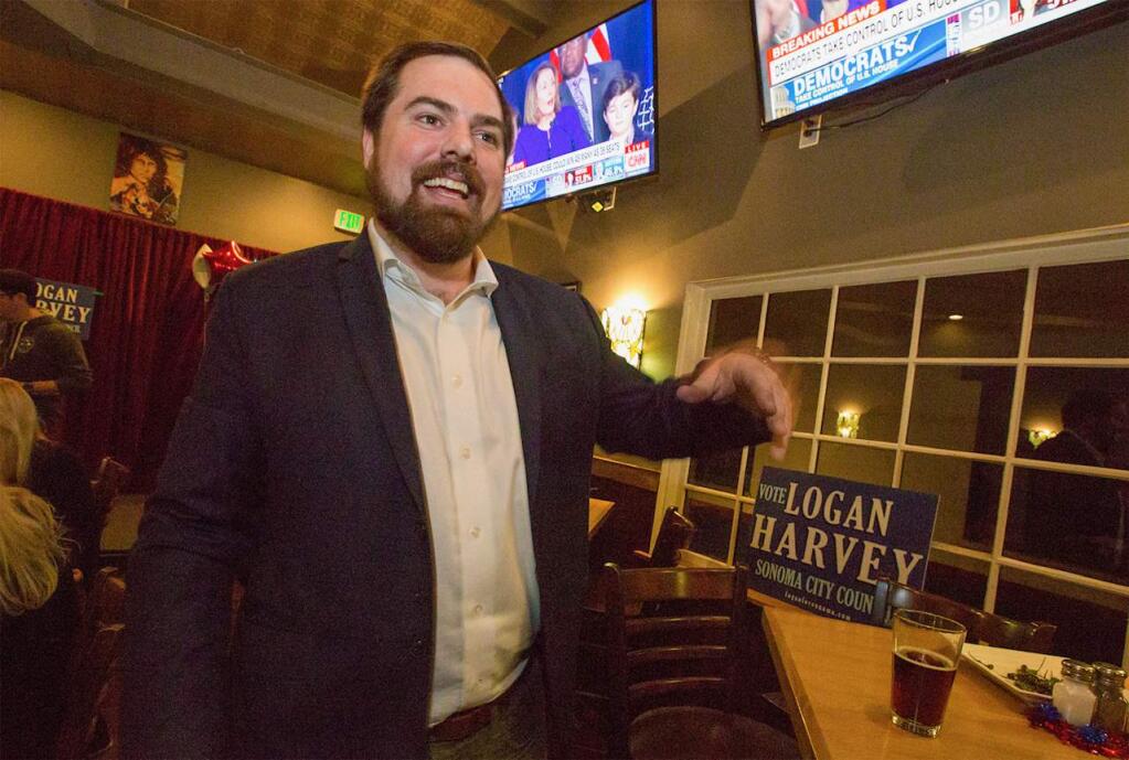 First-time candidate Logan Harvey was third in a race for three city council seats, with four of eight precincts reporting Tuesday night. While about half the votes remained to be counted, Harvey displayed his pleasure at the early results at an Election Night gathering at Murphy's Irish Pub in Sonoma. (Photo by Robbi Pengelly/Index-Tribune)