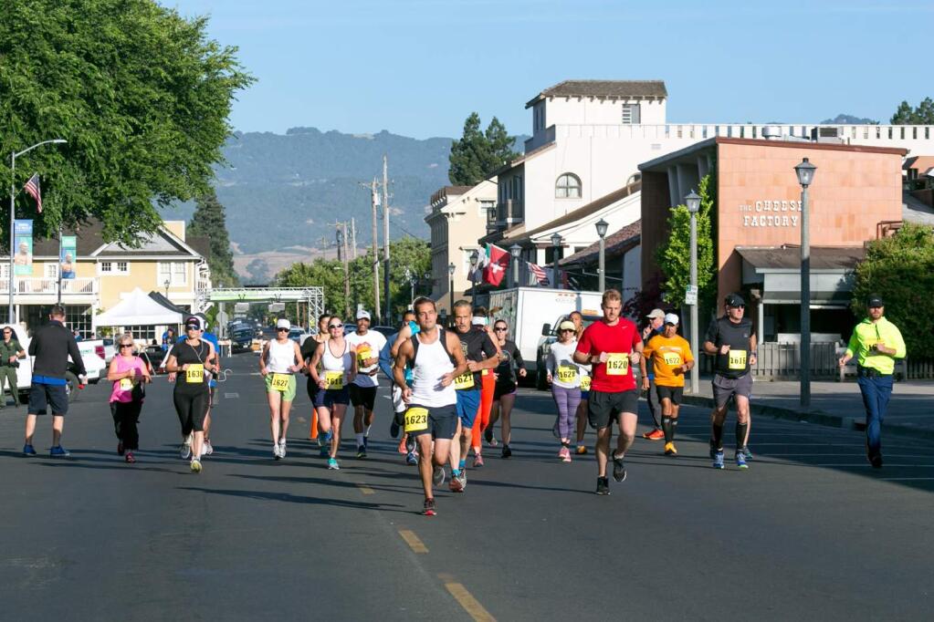 Two dozen runners started the half-marathon in the Hit the Road Jack race in Sonoma, Sunday, June 4, 2017. John Welter, in the red shirt, was the winner with a time of one hour, 25 minutes, 56 seconds. (Photo by Julie Vader/special to the Index-Tribune)