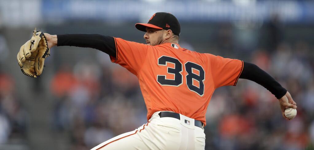 San Francisco Giants pitcher Tyler Beede works against the New York Mets in the first inning Friday, July 19, 2019, in San Francisco. (AP Photo/Ben Margot)