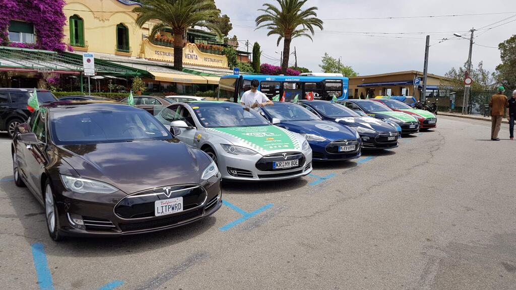 Some of the electric cars participating in the 80 Days event, lined up in Barcelona. (Photo courtesy of Alan Soule)