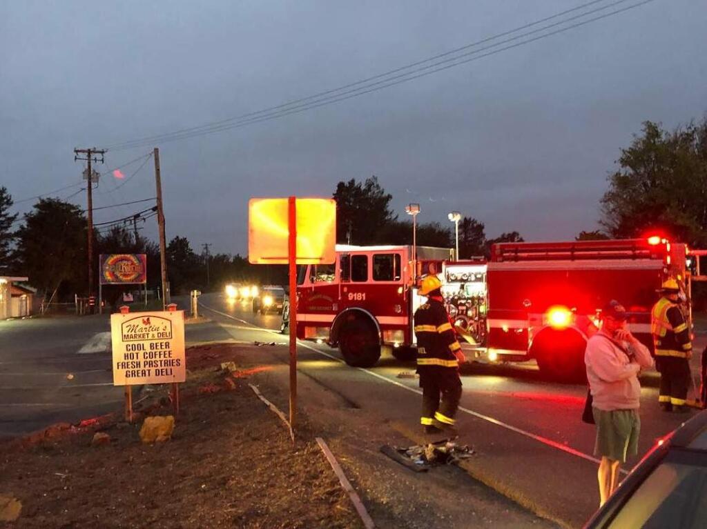 A crash by Stony Point Road and Highway 116 closed the roadway for about 30 minutes, early Thursday, Oct. 11, 2018. (COURTESY OF RANCHO ADOBE FIRE CAPTAIN JIMMY BERNAL)