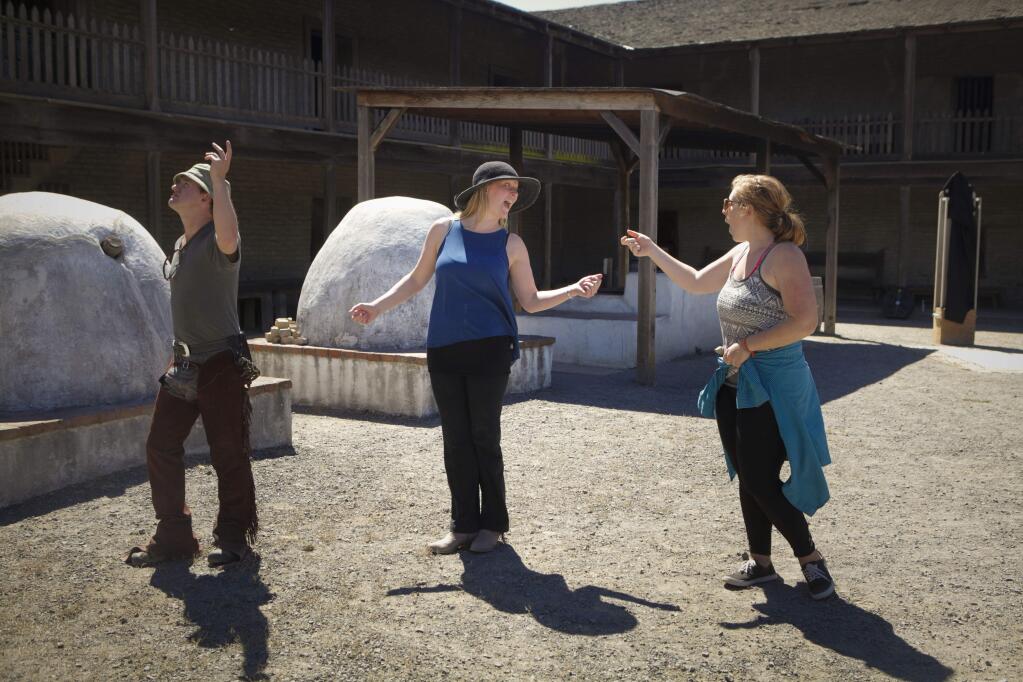 Petaluma, CA, USA. Thursday, July 21, 2016._ The We Players Theatre group from San Francisco rehearse for their upcoming performance of Shakespeare's 'Romeo & Juliet' at the Petaluma Adobe State Park. From left to right are, Steve Thomas of Oakland, Libby Oberlin of Sonoma and Amy Nowak of Oakland. (CRISSY PASCUAL/ARGUS-COURIER STAFF)
