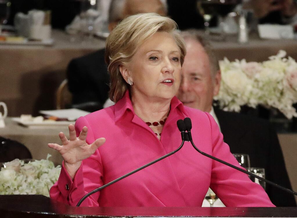 Democratic presidential candidate Hillary Clinton speaks at the 71st Annual Alfred E. Smith Memorial Foundation Dinner Thursday, Oct. 20, 2016, in New York. (AP Photo/Frank Franklin II)