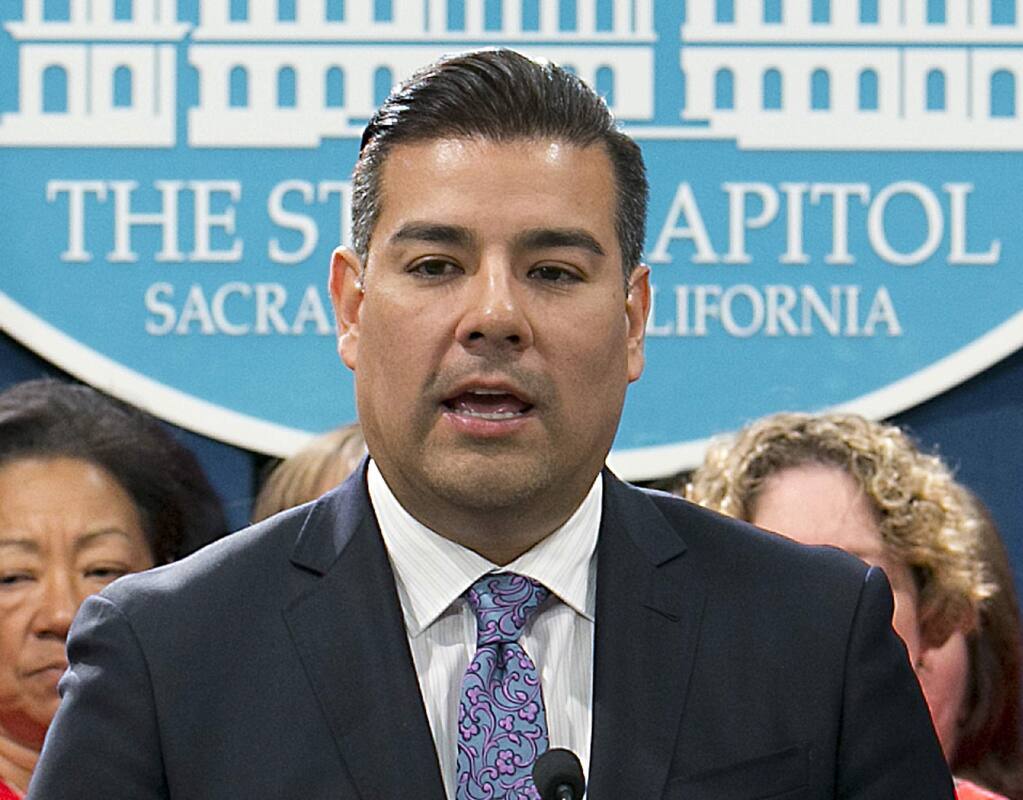 Then-state Sen. Ricardo Lara, D-Bell Gardens, now the California insurance commissioner, speaks at a Capitol news conference in Sacramento in May 2017. (Rich Pedroncelli / Associated Press)