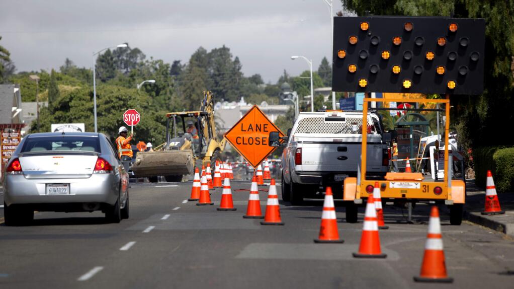 Road work spotted along Petaluma Boulevard South in this Argus-Courier file photo. Work is expected to begin this fall on the Petaluma Boulevard South “road diet,”which will narrow lanes and add bicycle and pedestrian safety features. (CRISSY PASCUAL/ARGUS-COURIER STAFF)