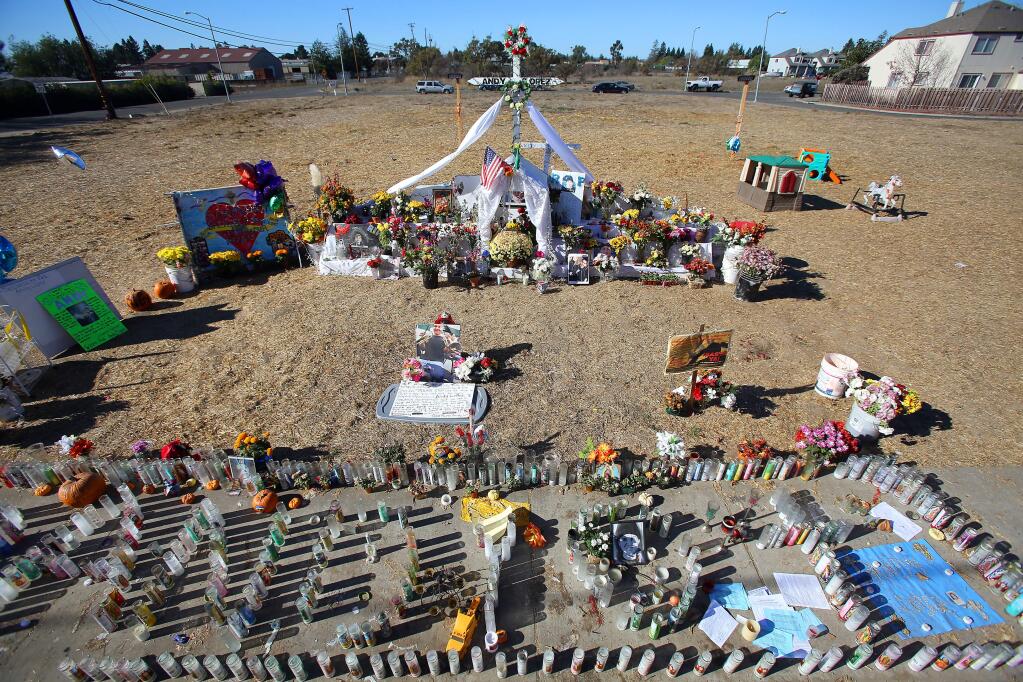 The vacant lot where 13-year-old Andy Lopez was shot and killed by Sonoma County Sheriff's Deputy Erick Gelhaus while walking with a BB gun along Moorland Avenue, in Santa Rosa, on October 22, has become a makeshift park and memorial. Photo taken November 15, 2013. (Christopher Chung/ The Press Democrat)