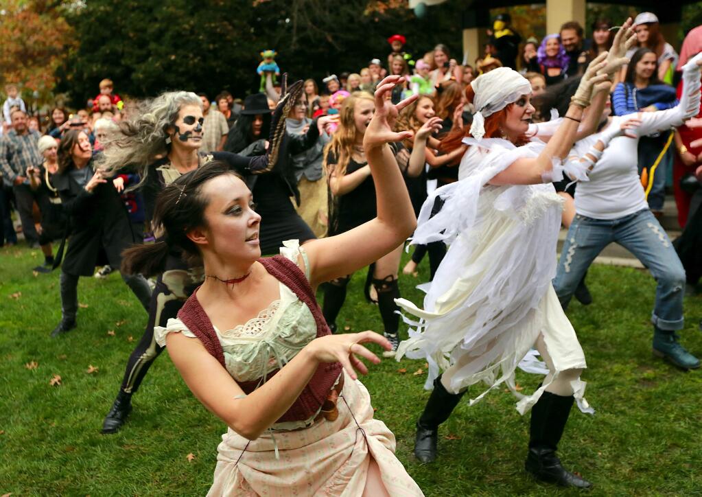 A flash mob danced to Michael Jackson's 'Thriller' in the town square in Healdsburg on Halloween night, Friday, Oct. 31, 2014.