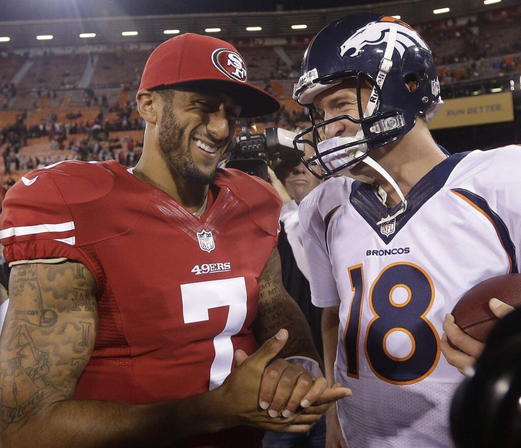 When it comes to third down, Sunday night's opposing quarterbacks are polar opposites. Colin Kaepernick is at his best on third down, but it's the down Peyton Manning Colin Kaepernick, Peyton Manning wants to avoid. (Marcio Jose Sanchez / Associated Press)