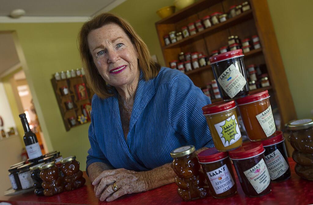 Leslie Goodrich originally retired in her late 50's but decided she wanted to make money again and opened LaLa's Jam Bar and Urban Farmstand retail location in Petaluma when she was 72. (photo by John Burgess/The Press Democrat)